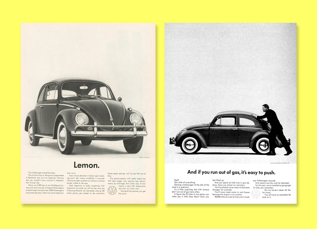 examples of 1960s vw beetle press adverts