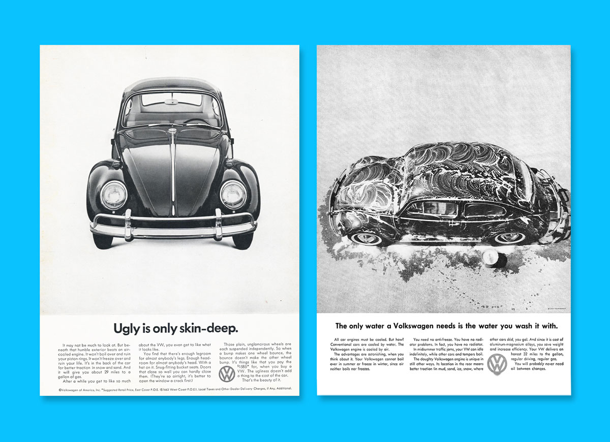 examples of 1960s vw beetle press adverts