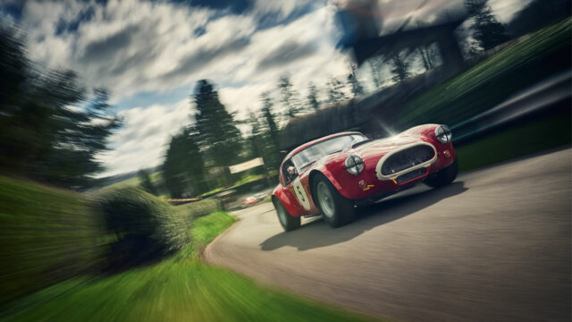 vintage race car on hill climbing route