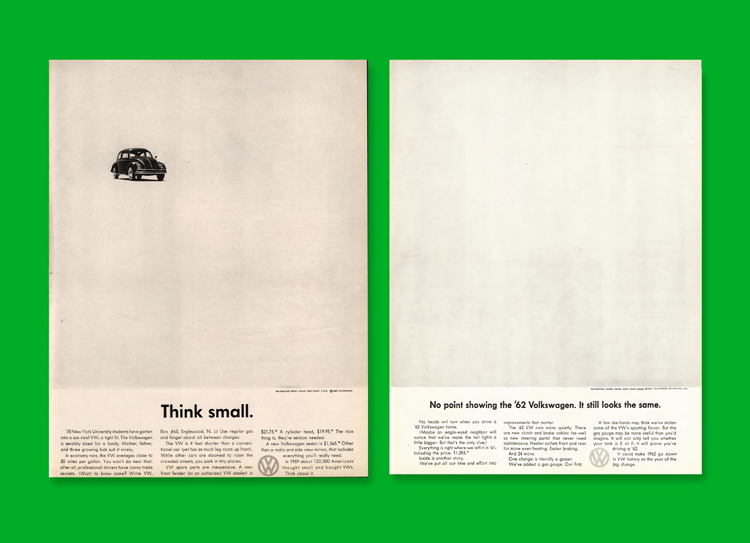 examples of 1960s vw beetle press adverts