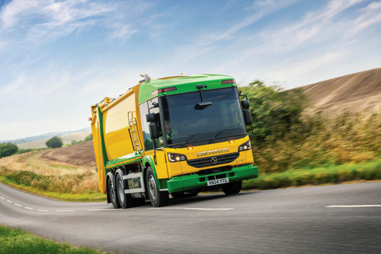 Dennis Eagle refuse truck photographed in motion